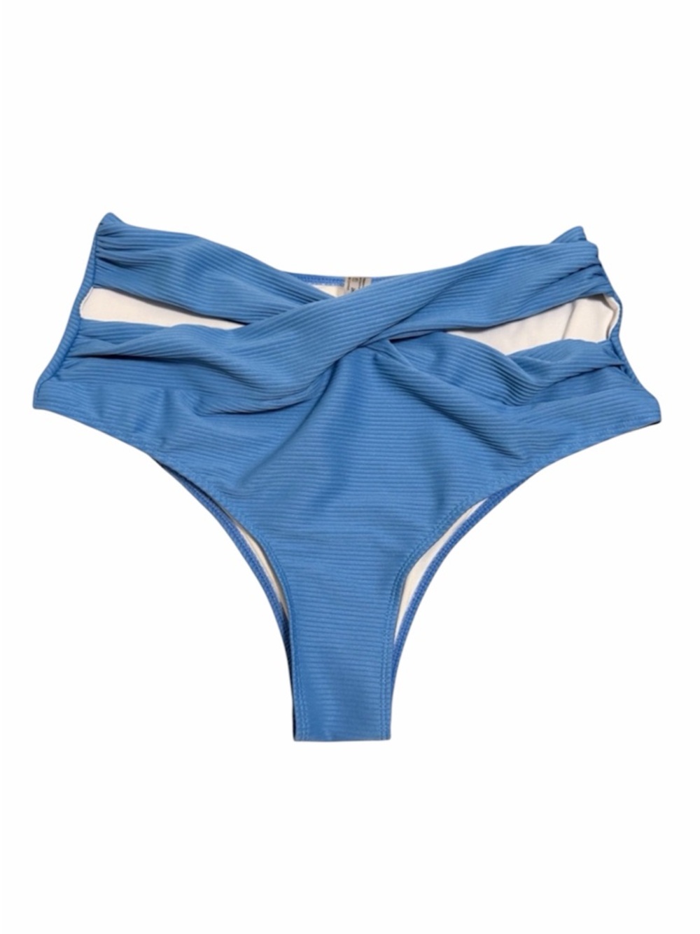 Blue Ribbed High Waisted Crossover Bikini Bottom